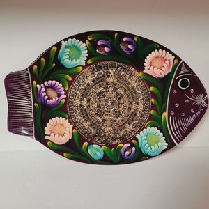Purple Artisanal Handpainted Mayan Calendar Mexican Fish Pottery